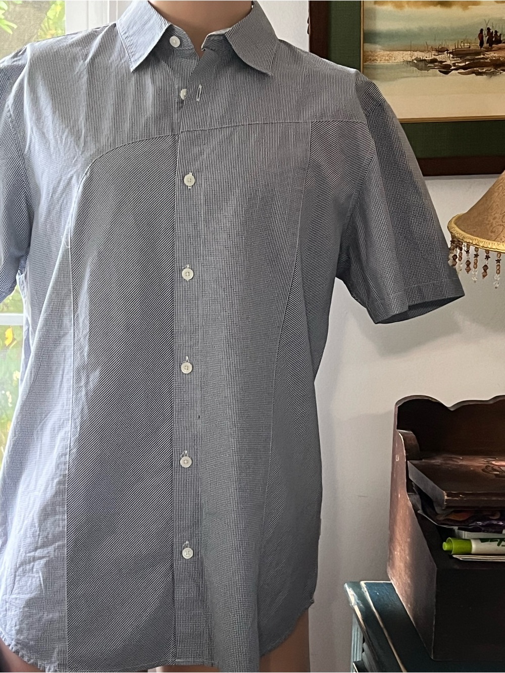 Calvin Klein Men's Short-Sleeve Button-Down Shirt - small navy checked